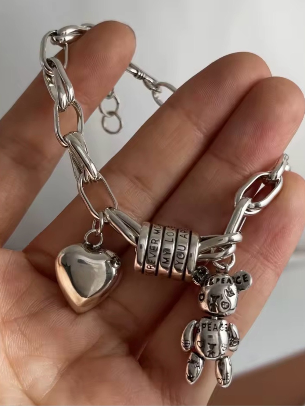 925 Sterling Silver Heart & Teddy Charm Bracelet - Picture 2 of 2